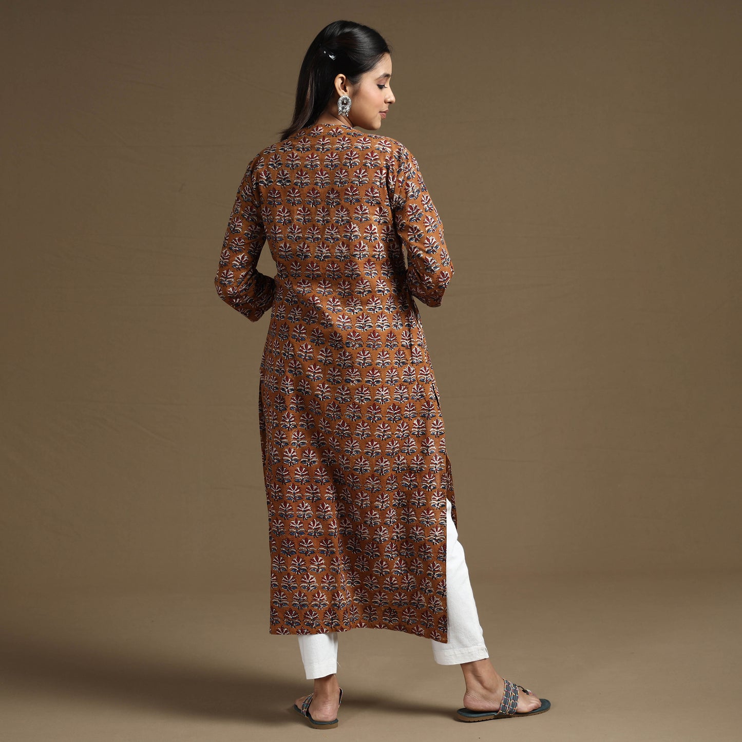 Brown - Bagru Hand Block Printed Cotton Long Straight Kurta