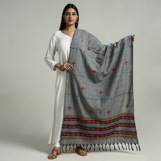 Grey - Bengal Kantha Embroidery Khes Handwoven Cotton Dupatta with Tassels 32