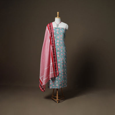 Sanganeri Block Print Cotton Unstitched Dress Material: Kurta, Bottom & Dupatta with Jewellery 27