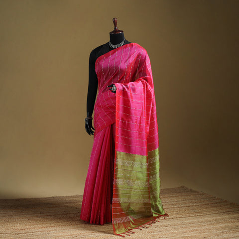 Pink - Pure Handwoven Mangalagiri Silk Cotton Pattu Saree 19