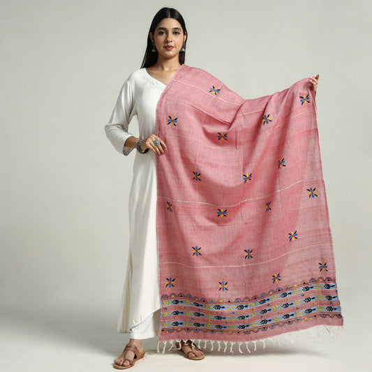 Pink - Bengal Kantha Embroidery Khes Handwoven Cotton Dupatta with Tassels 33