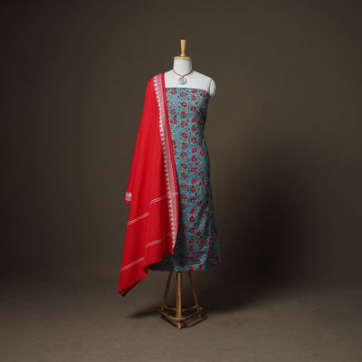 Sanganeri Block Print Cotton Unstitched Dress Material: Kurta, Bottom & Dupatta with Jewellery 28