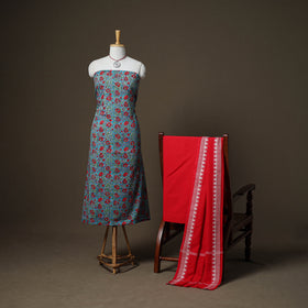Sanganeri Block Print Cotton Unstitched Dress Material: Kurta, Bottom & Dupatta with Jewellery 28