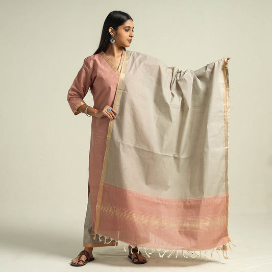 Light Pink - Mangalagiri Handloom Cotton Kurta with Palazzo & Dupatta Set