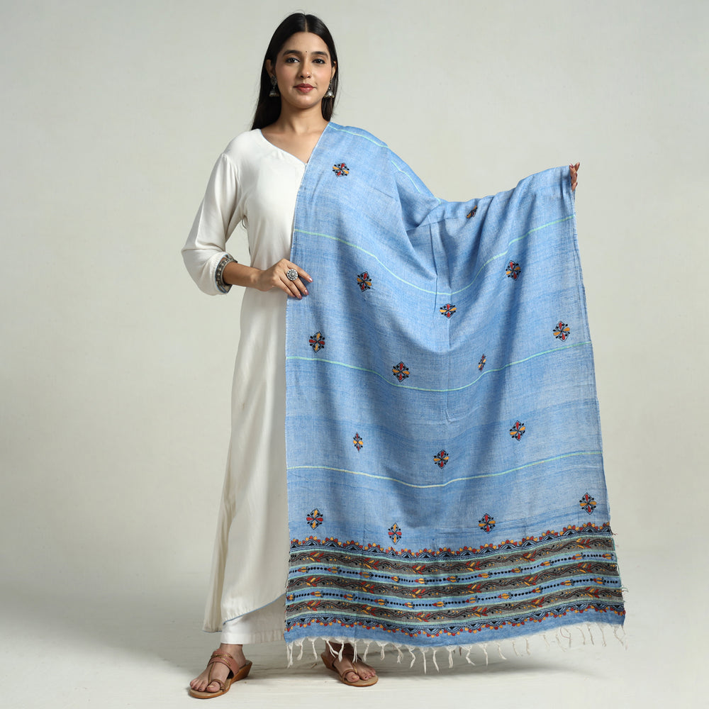 Blue - Bengal Kantha Embroidery Khes Handwoven Cotton Dupatta with Tassels 34