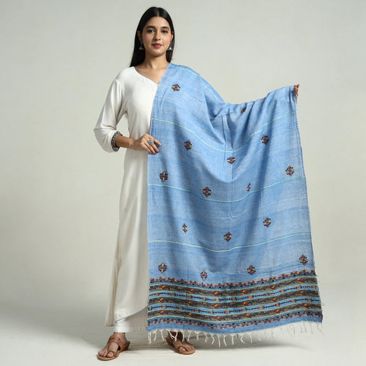 Blue - Bengal Kantha Embroidery Khes Handwoven Cotton Dupatta with Tassels 34