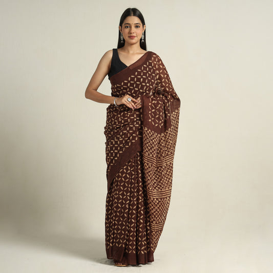 Brown - Hand Batik Printed Mul Cotton Saree