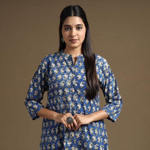 Blue Block Print Natural Dyed Cotton A-Line Bagru Kurta 