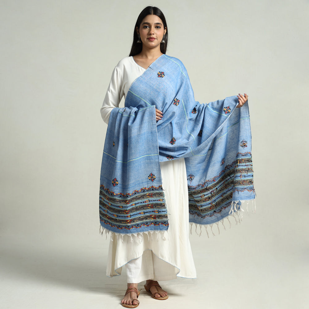 Blue - Bengal Kantha Embroidery Khes Handwoven Cotton Dupatta with Tassels 34