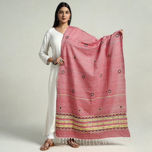 Pink - Bengal Kantha Embroidery Khes Handwoven Cotton Dupatta with Tassels 35