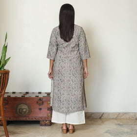 Grey - Pedana Kalamkari Hand Block Printed Cotton Straight Kurta 01