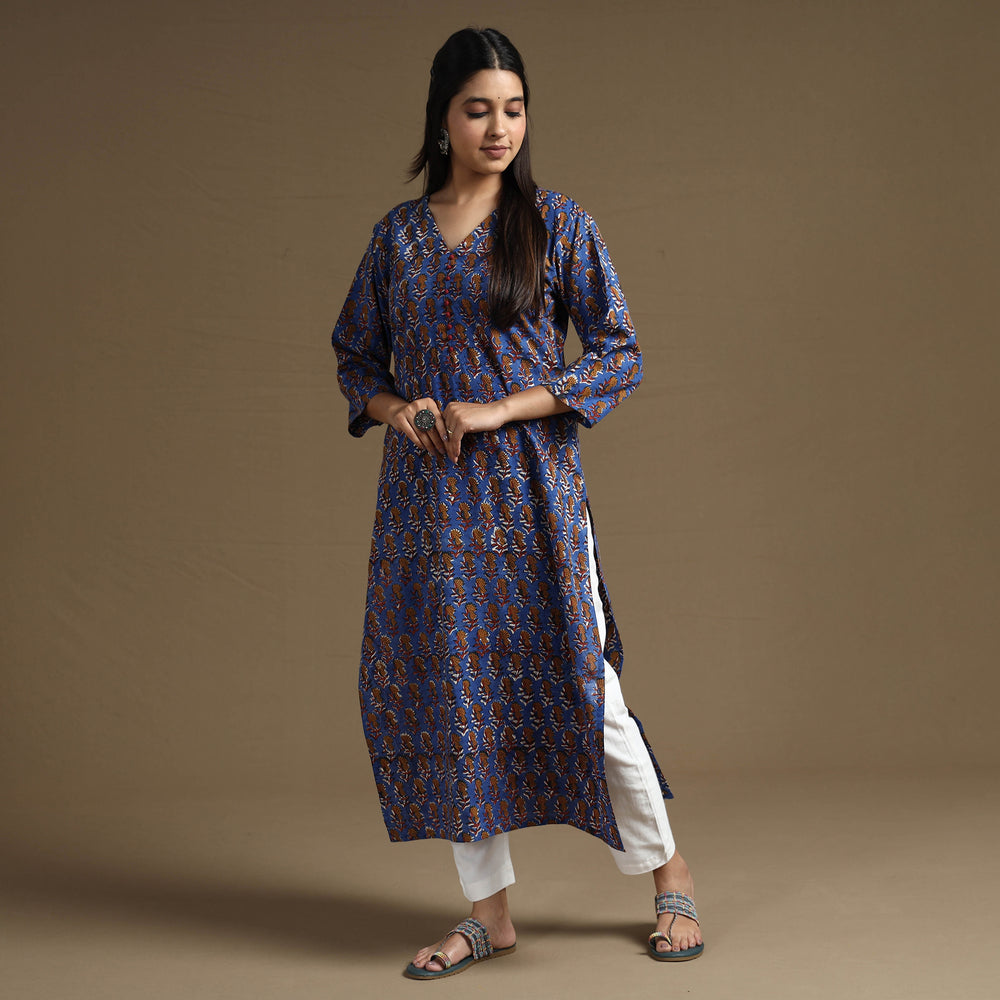 Blue - Bagru Hand Block Printed Cotton Long Straight Kurta