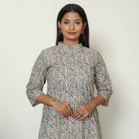Grey - Pedana Kalamkari Hand Block Printed Cotton Straight Kurta 01