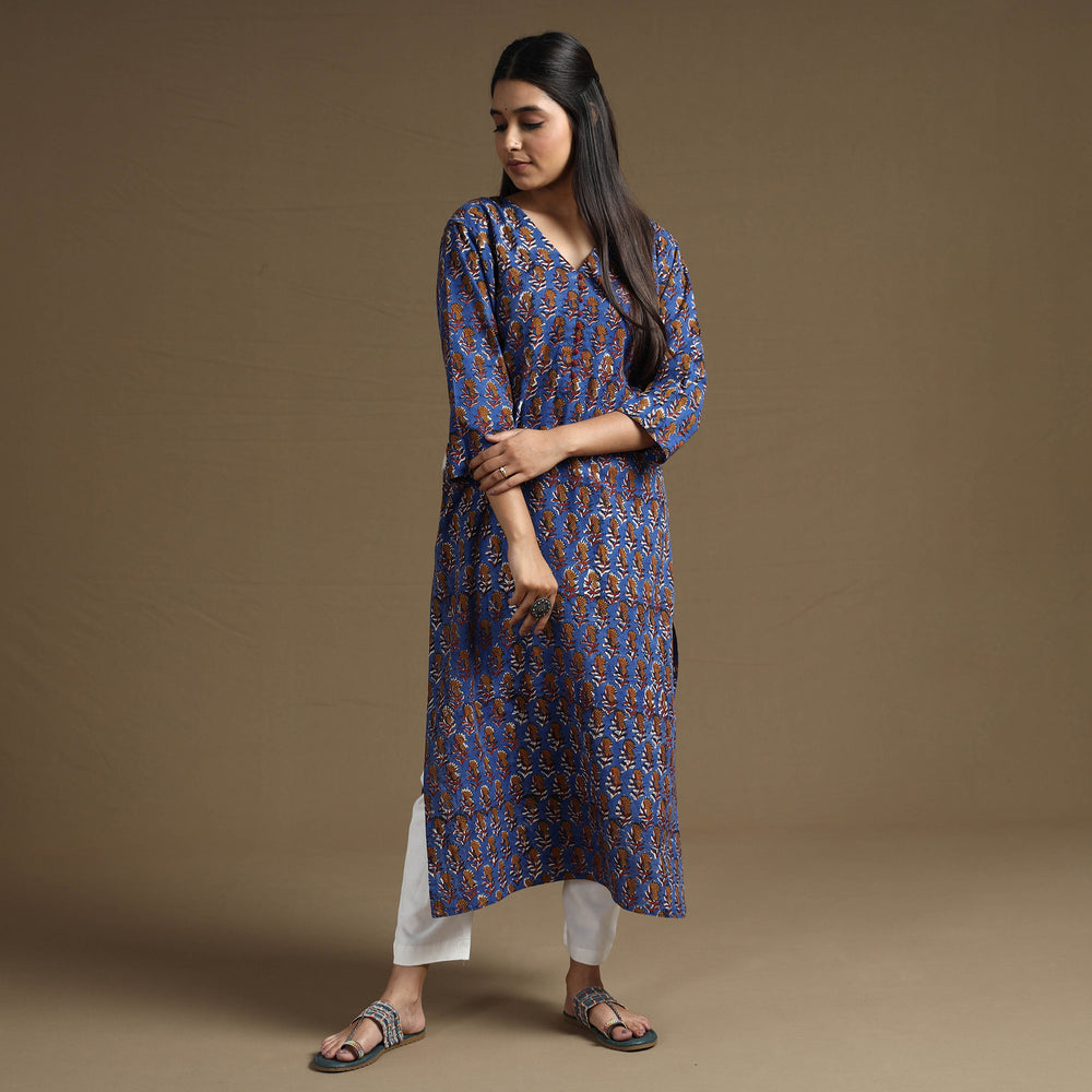 Blue - Bagru Hand Block Printed Cotton Long Straight Kurta