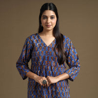 Blue - Bagru Hand Block Printed Cotton Long Straight Kurta