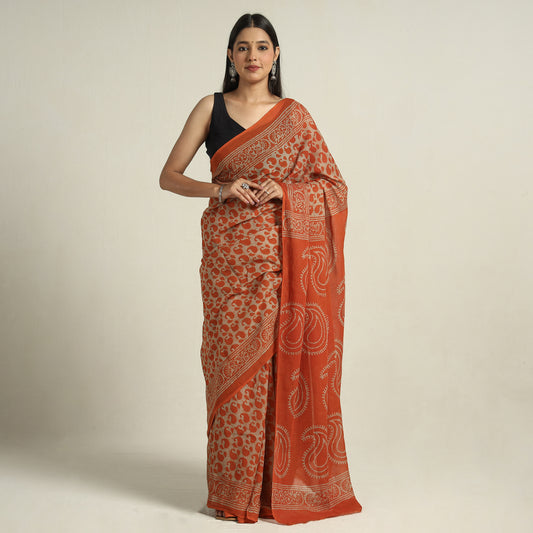 Orange - Hand Batik Printed Mul Cotton Saree