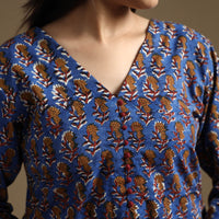 Blue - Bagru Hand Block Printed Cotton Long Straight Kurta