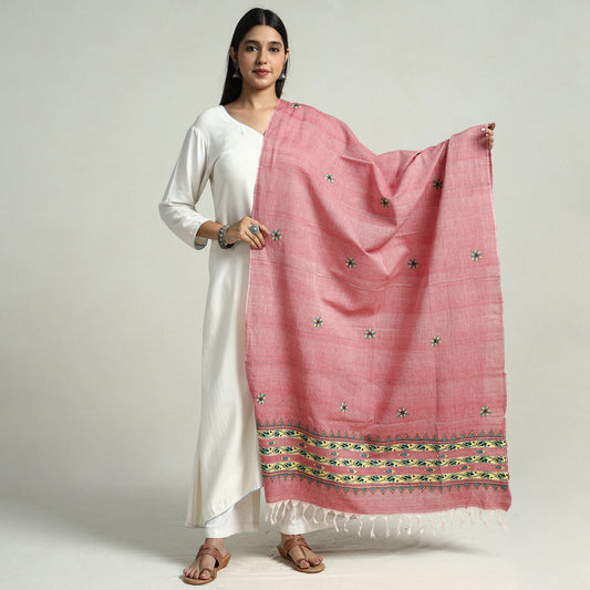 Pink - Bengal Kantha Embroidery Khes Handwoven Cotton Dupatta with Tassels 36
