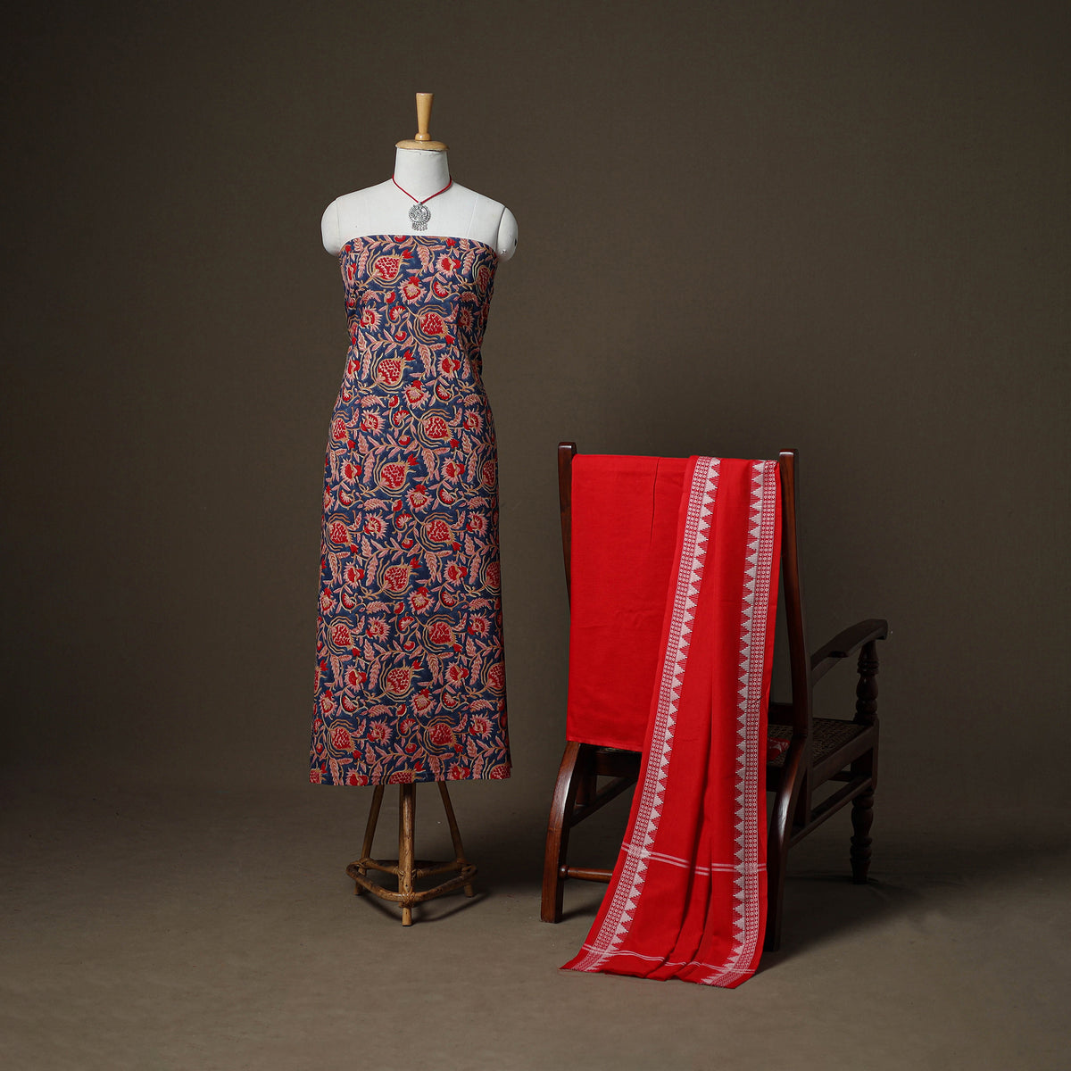 Sanganeri Block Print Cotton Unstitched Dress Material: Kurta, Bottom & Dupatta with Jewellery 29