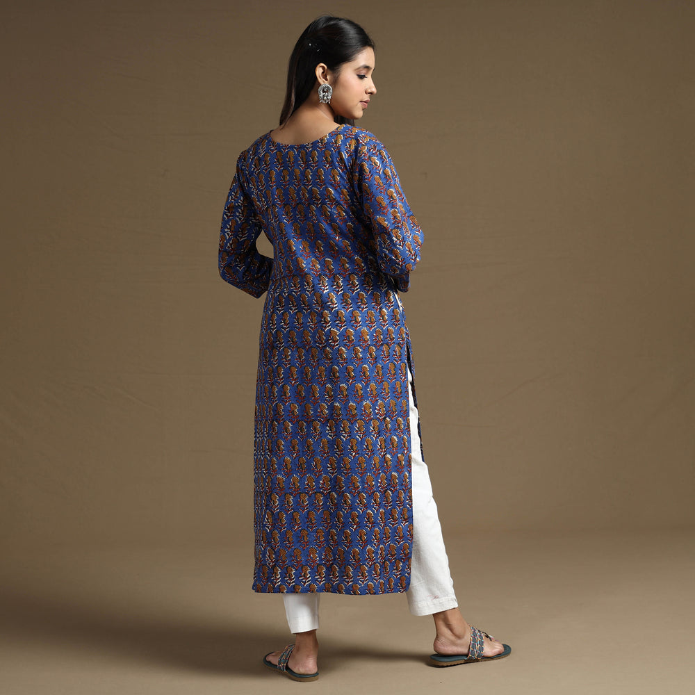 Blue - Bagru Hand Block Printed Cotton Long Straight Kurta