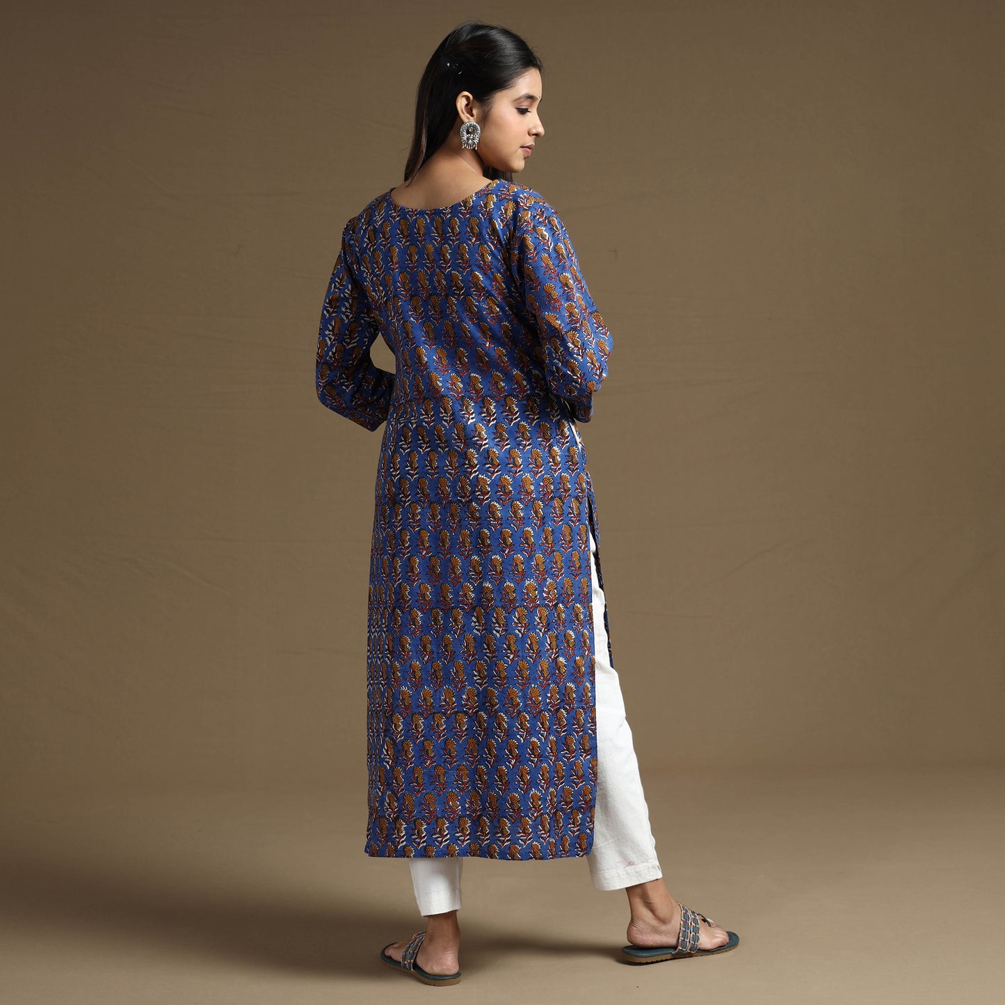 Blue - Bagru Hand Block Printed Cotton Long Straight Kurta