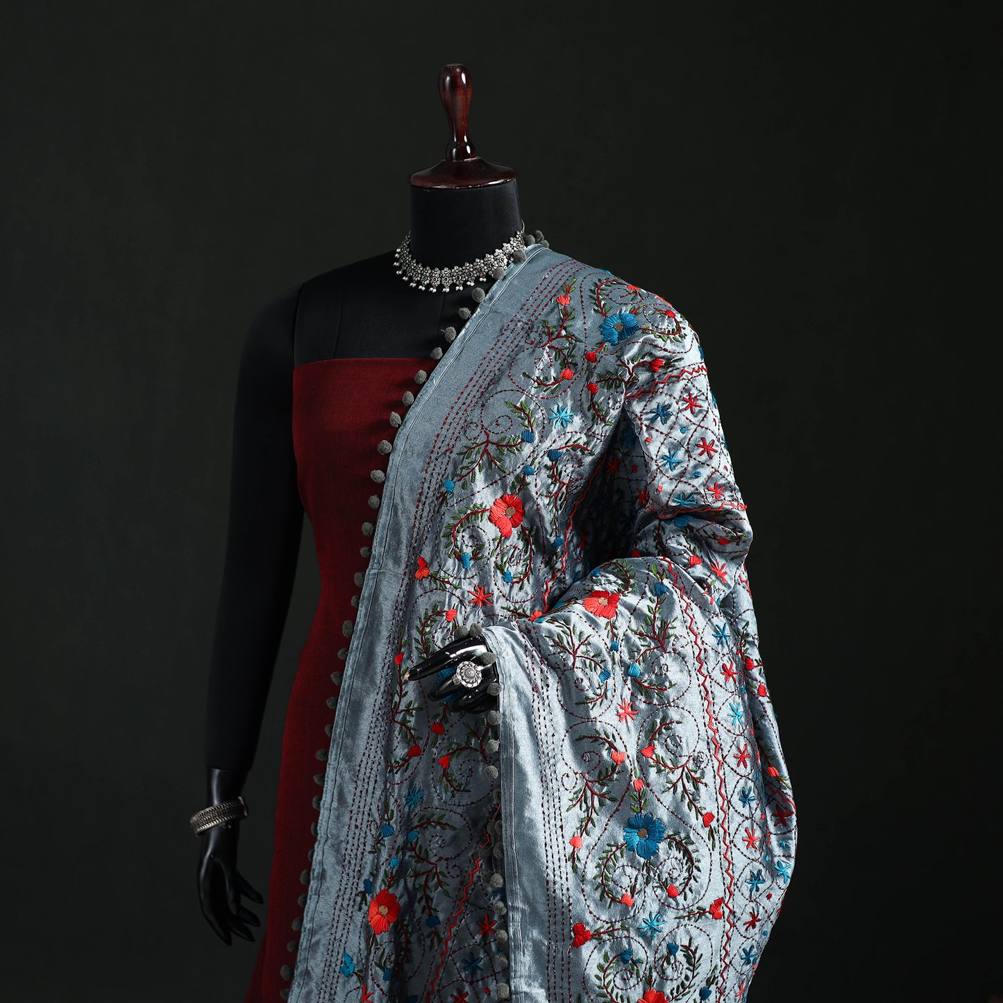 Phulkari Hand Embroidered Chanderi Silk Dupatta 43