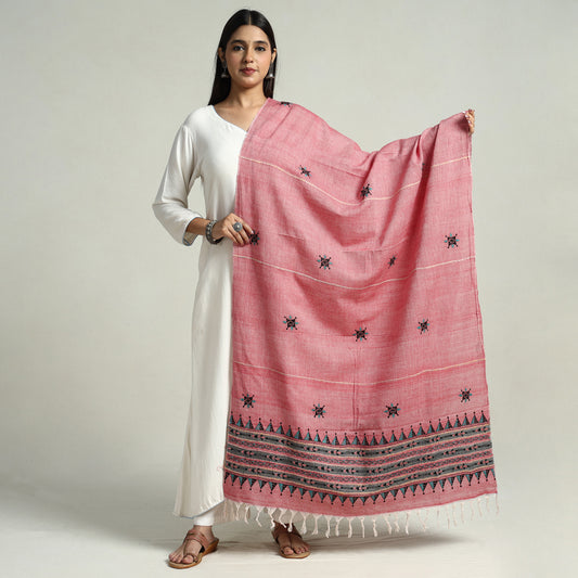 Pink - Bengal Kantha Embroidery Khes Handwoven Cotton Dupatta with Tassels 37