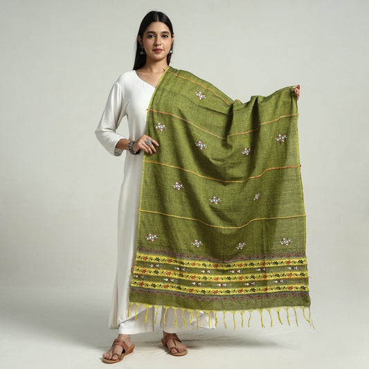 Green - Bengal Kantha Embroidery Khes Handwoven Cotton Dupatta with Tassels 38