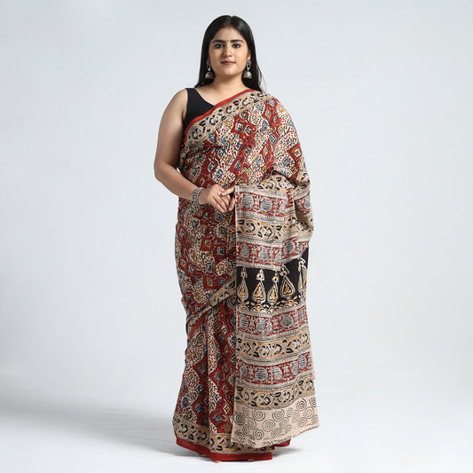 Multicolor - Pedana Kalamkari Block Printed Cotton Saree with Blouse Piece 19