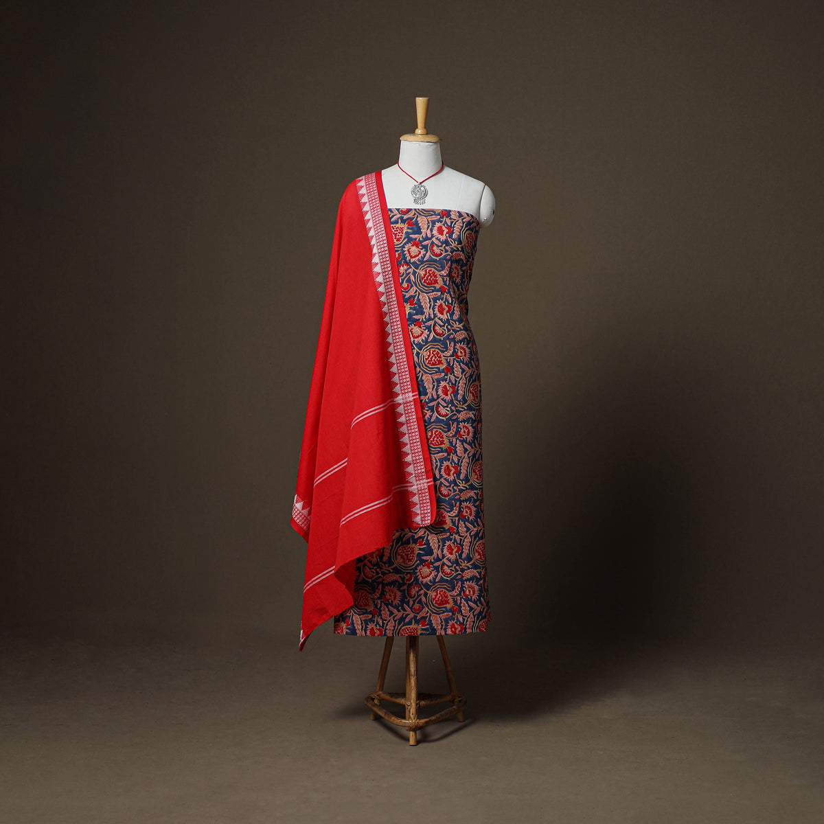 Sanganeri Block Print Cotton Unstitched Dress Material: Kurta, Bottom & Dupatta with Jewellery 29