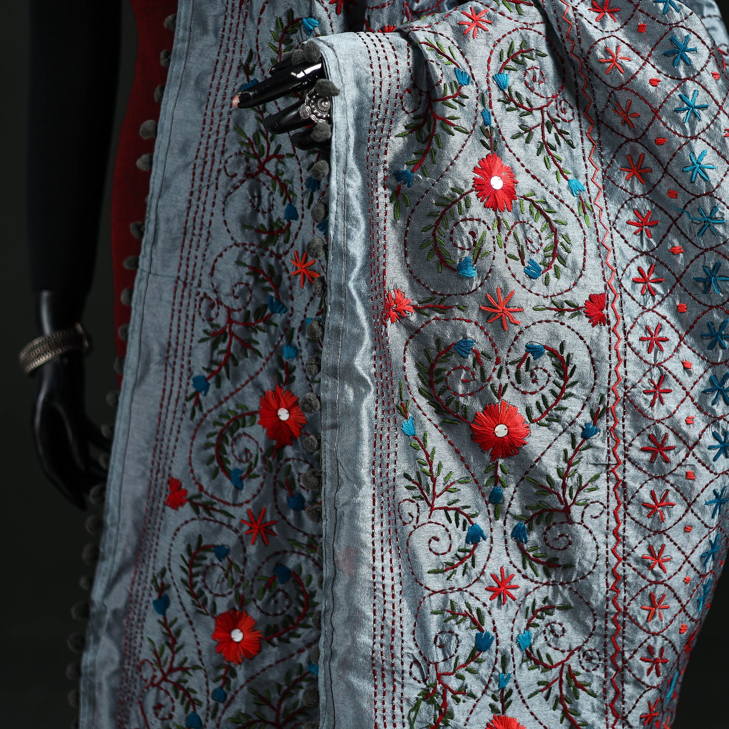 Phulkari Hand Embroidered Chanderi Silk Dupatta 45