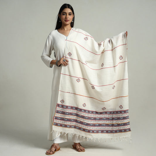 White - Bengal Kantha Embroidery Khes Handwoven Cotton Dupatta with Tassels 40