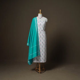 Sanganeri Block Print Cotton Unstitched Dress Material: Kurta, Bottom & Dupatta with Jewellery 30