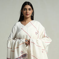 White - Bengal Kantha Embroidery Khes Handwoven Cotton Dupatta with Tassels 40