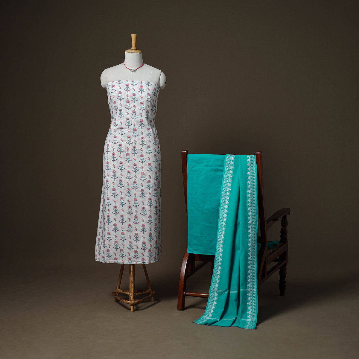 Sanganeri Block Print Cotton Unstitched Dress Material: Kurta, Bottom & Dupatta with Jewellery 30