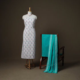 Sanganeri Block Print Cotton Unstitched Dress Material: Kurta, Bottom & Dupatta with Jewellery 30