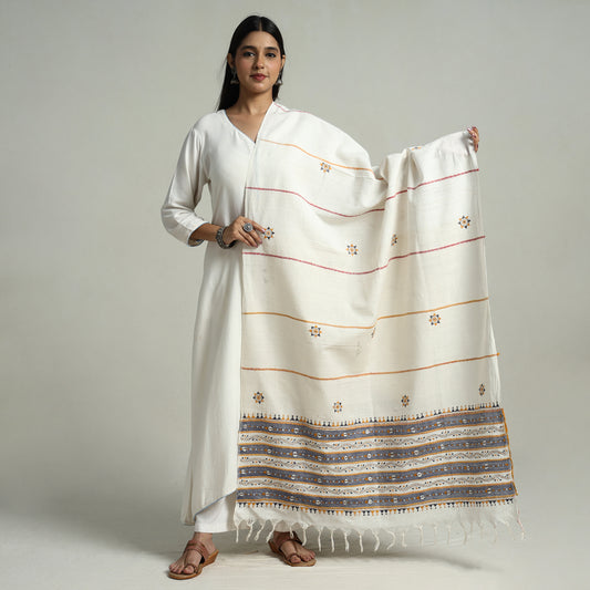 White - Bengal Kantha Embroidery Khes Handwoven Cotton Dupatta with Tassels 41