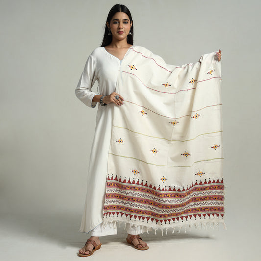 White - Bengal Kantha Embroidery Khes Handwoven Cotton Dupatta with Tassels 42