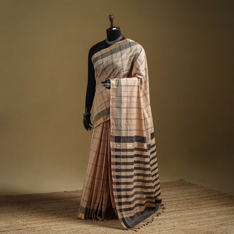 Beige - Pure Handwoven Zari Checks Mangalagiri Cotton Saree 25