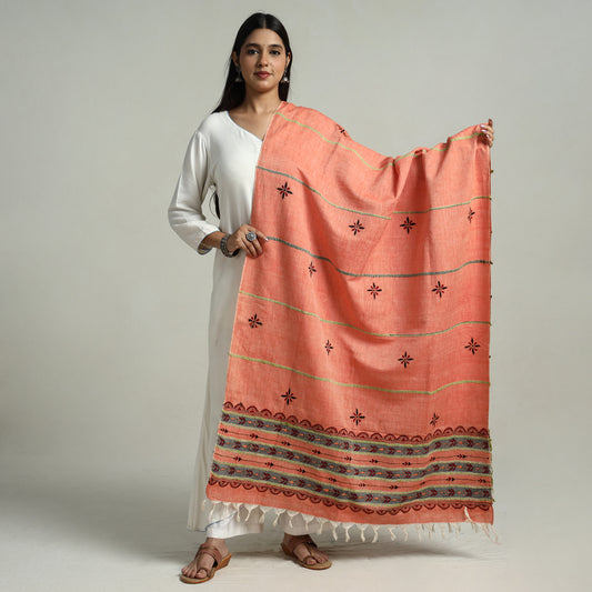 Orange - Bengal Kantha Embroidery Khes Handwoven Cotton Dupatta with Tassels 44