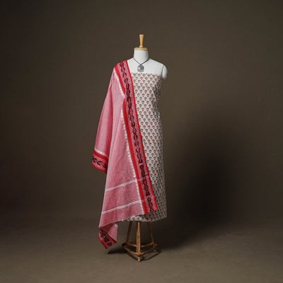 Sanganeri Block Print Cotton Unstitched Dress Material: Kurta, Bottom & Dupatta with Jewellery 31