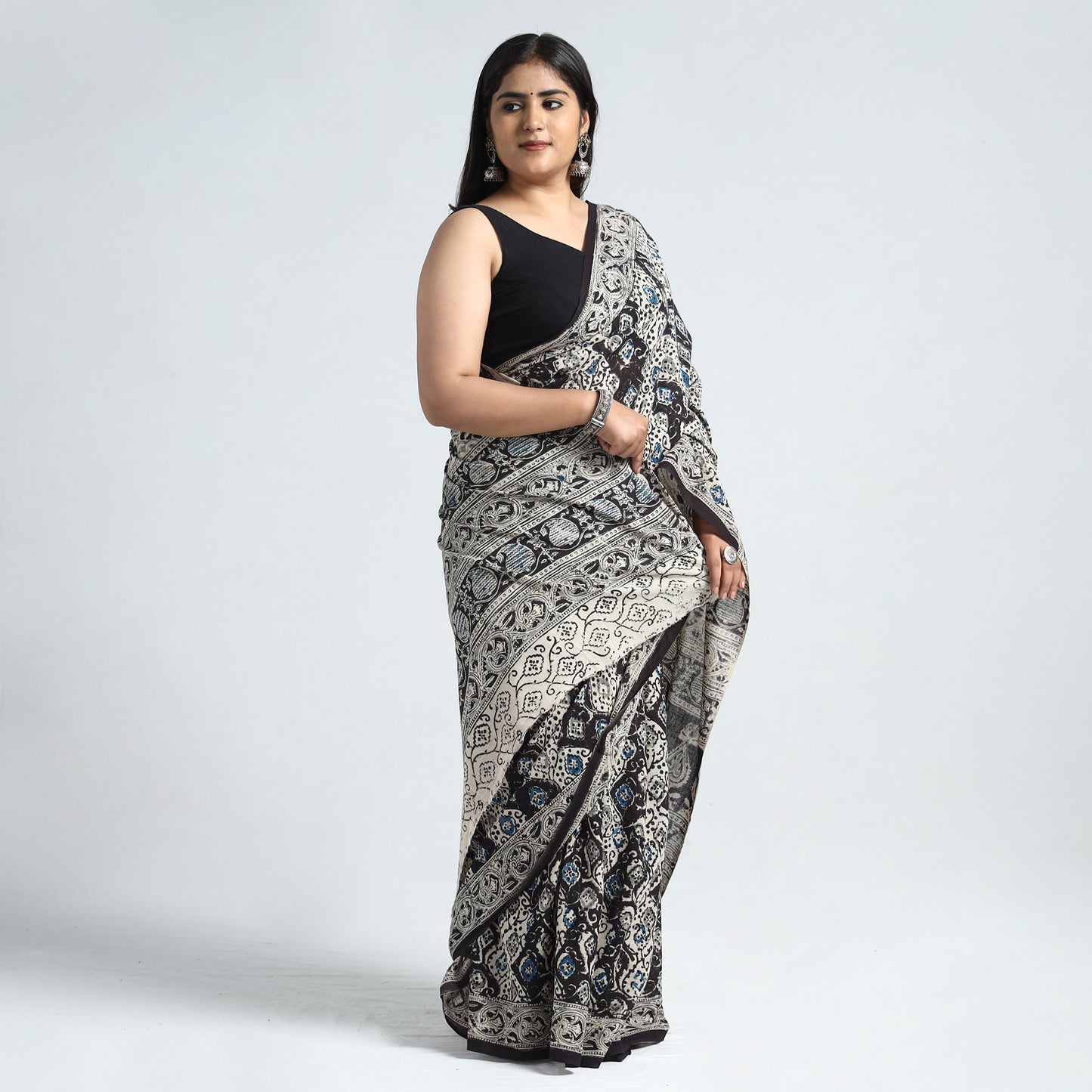 Multicolor - Pedana Kalamkari Block Printed Cotton Saree with Blouse Piece 21