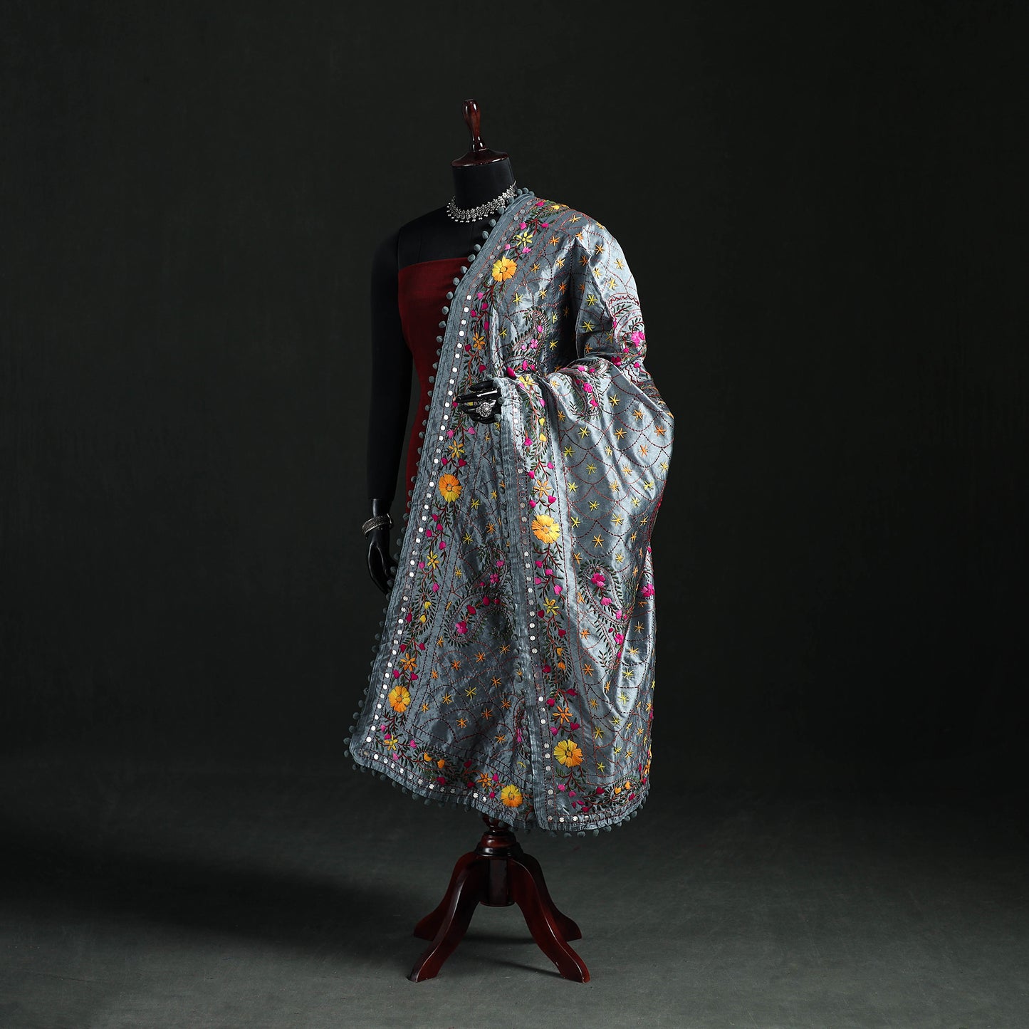 Phulkari Hand Embroidered Chanderi Silk Dupatta 49