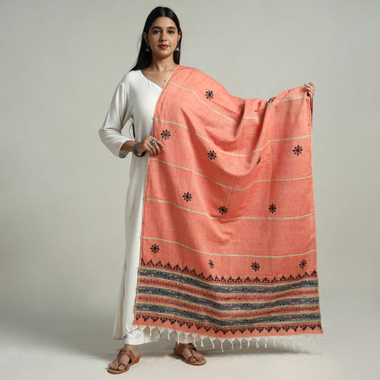 Peach - Bengal Kantha Embroidery Khes Handwoven Cotton Dupatta with Tassels 45