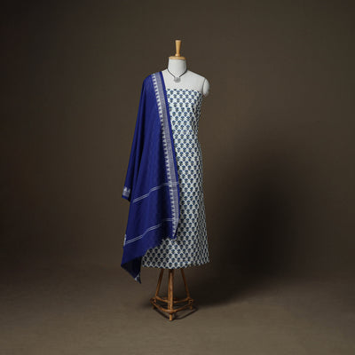 Sanganeri Block Print Cotton Unstitched Dress Material: Kurta, Bottom & Dupatta with Jewellery 32