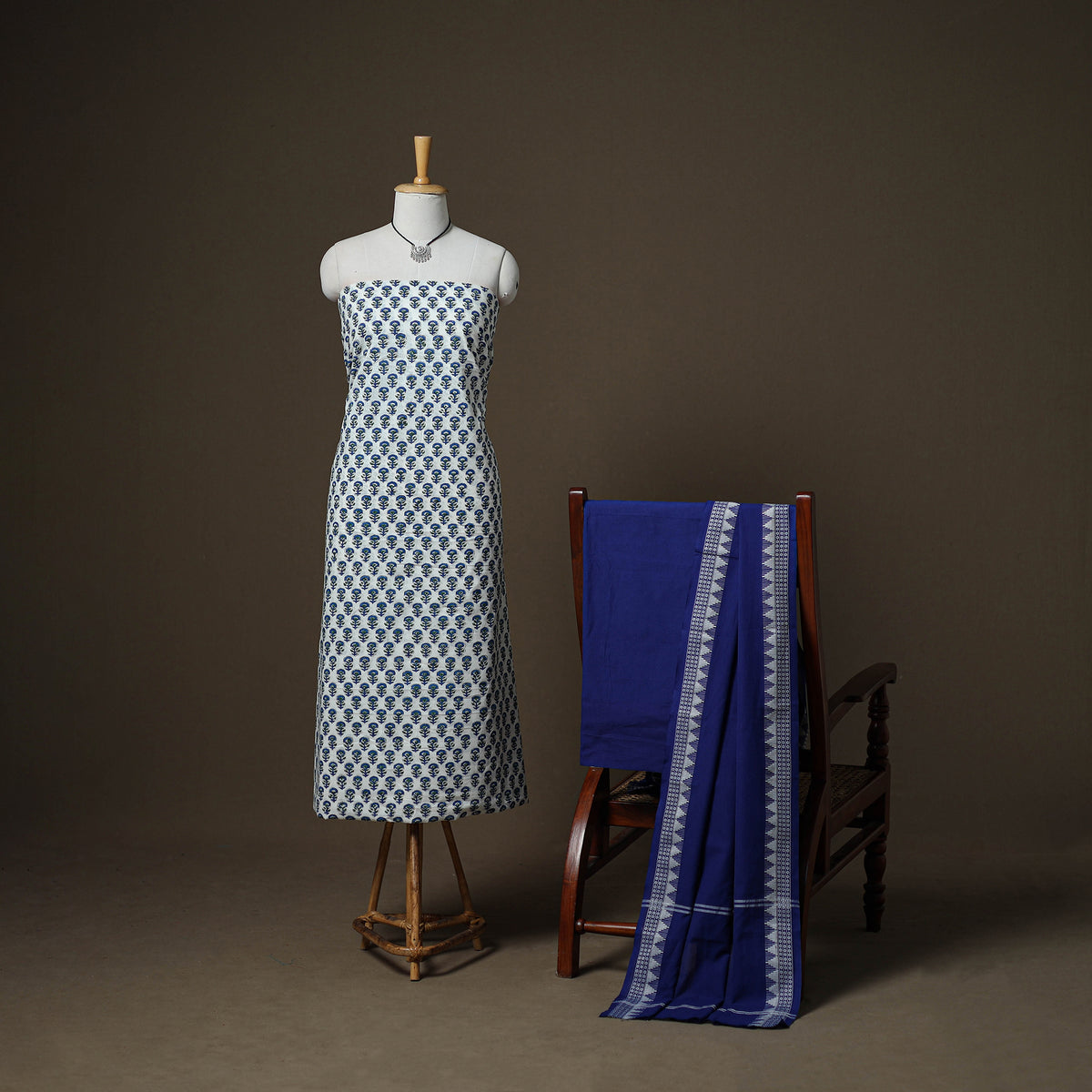 Sanganeri Block Print Cotton Unstitched Dress Material: Kurta, Bottom & Dupatta with Jewellery 32