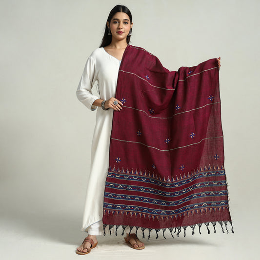 Maroon - Bengal Kantha Embroidery Khes Handwoven Cotton Dupatta with Tassels 46