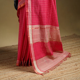 Pink - Pure Handwoven Zari Checks Mangalagiri Cotton Saree 27