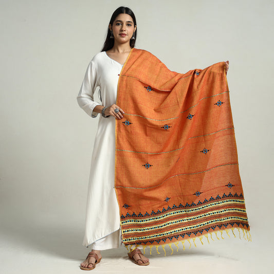 Orange - Bengal Kantha Embroidery Khes Handwoven Cotton Dupatta with Tassels 47