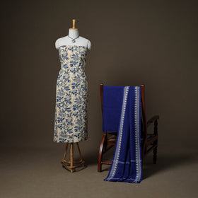 Sanganeri Block Print Cotton Unstitched Dress Material: Kurta, Bottom & Dupatta with Jewellery 33
